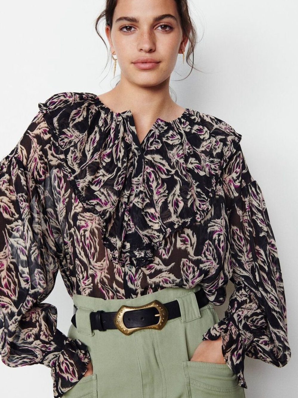 BA&SH Genny Top Sheer Ruffle-Neck Blouse XS